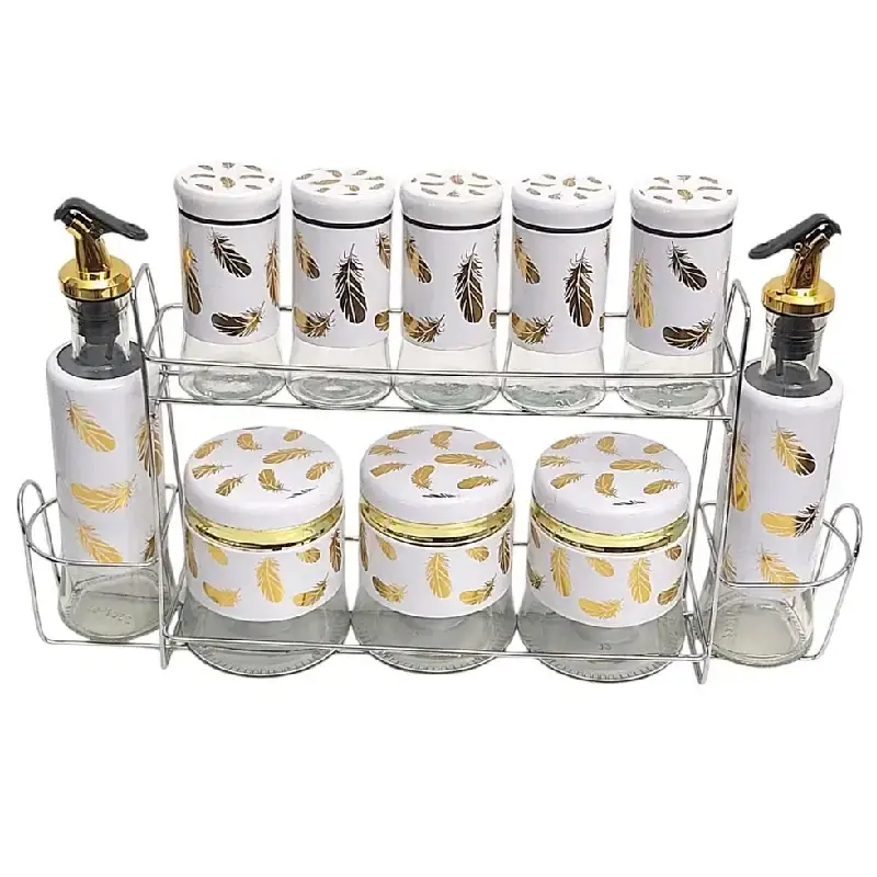 [JY11601-GO-Blanc] Ensemble de 8 pots épices + 2 Huilières en verre motif plume avec support métallique-Blanc