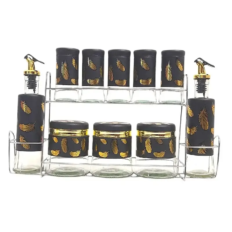 [JY11601-GO-Noir] Ensemble de Pots épices 8 pièces et 2 Huilières en Verre  avec Support Métallique