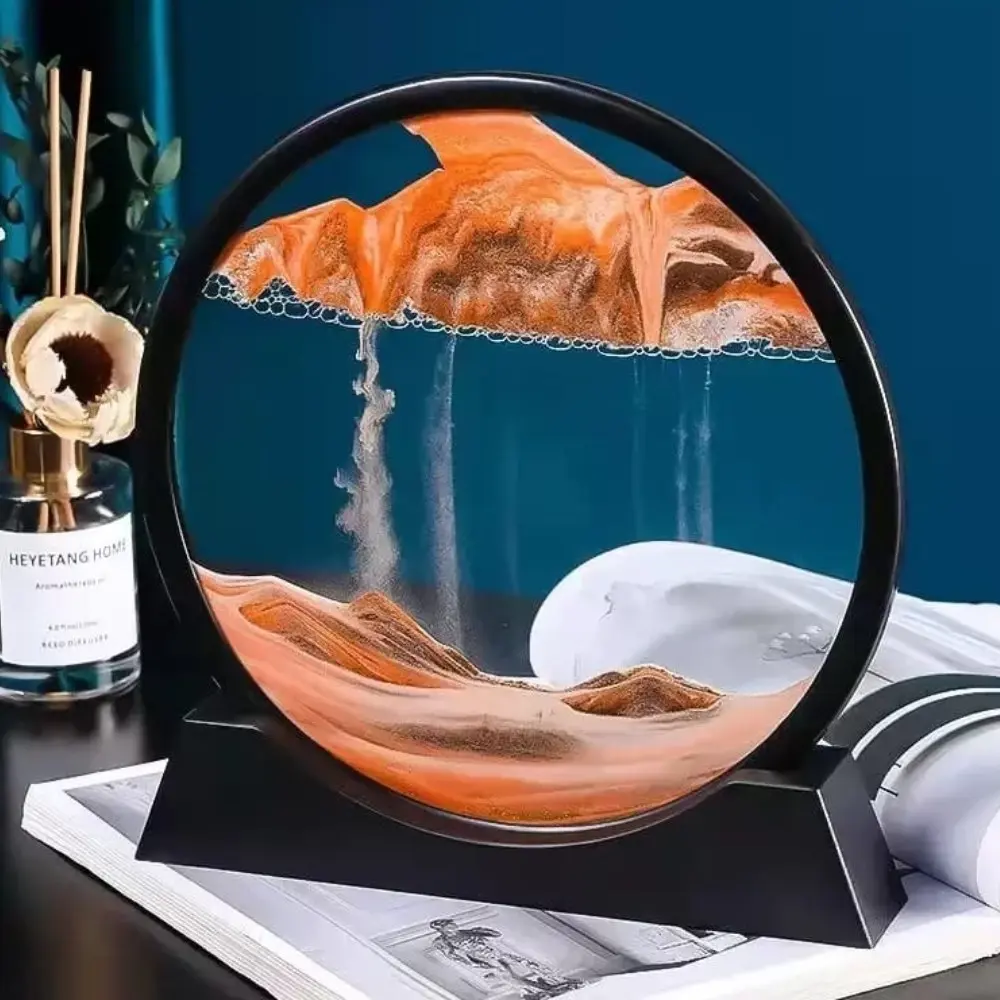 [MOVSAND-12GO-Jaune-Rond] Tableau d'Art de Sable en Mouvement 3D Mobile En Verre Jaune Circulaire 25,5X26X4,5cm