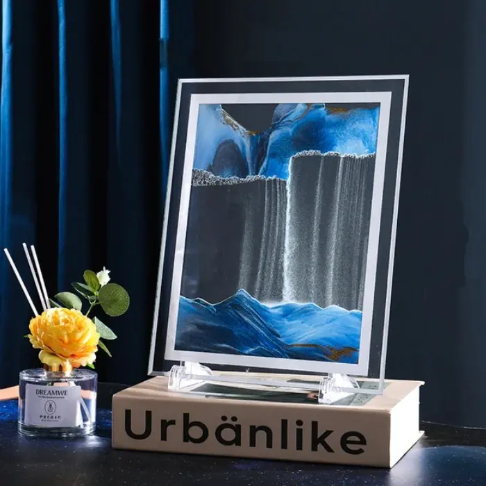 [MOVSAND-10GO-Bleu-Rectangle] Tableau d'Art de Sable en Mouvement En Verre Bleu Rectangulaire 30cm X 25cm