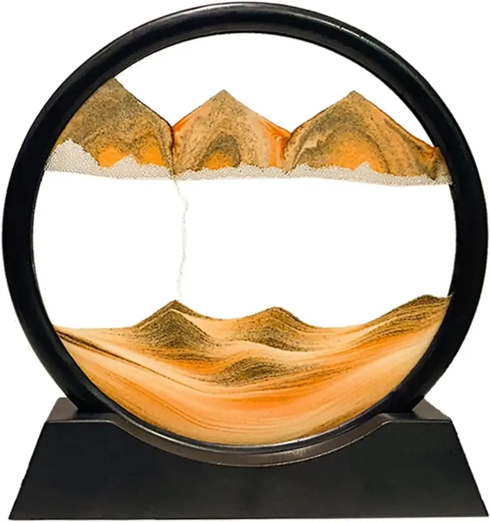 [MOVSAND-7GO-Jaune-Rond] Tableau d'art de sable en mouvement 3D En Verre Circulaire 18 X 19 X 4 Cm