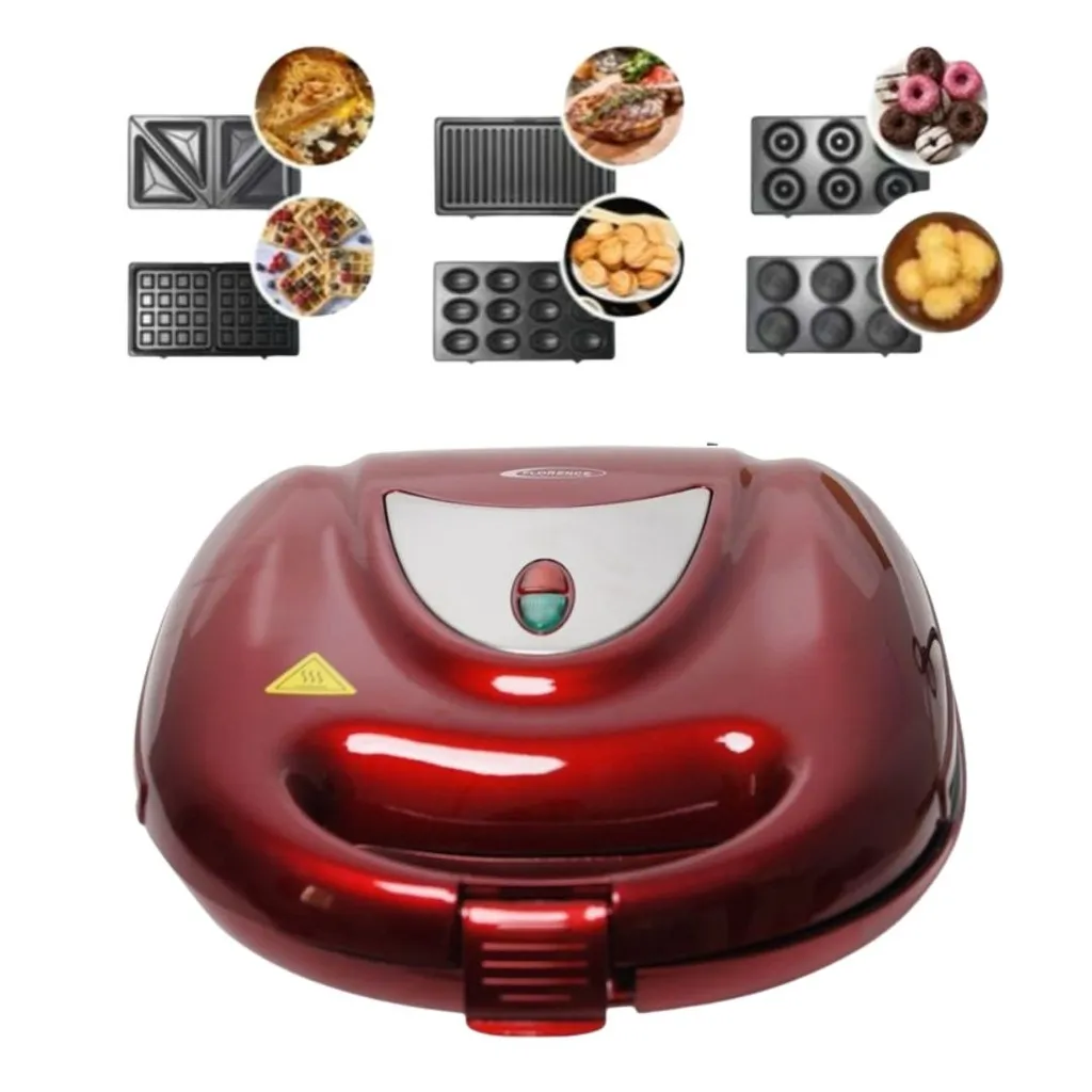 [HK411-GO-Rouge] Appareil De Cuisson 6en1 Florence 1500W Zouza , Panini , Gauffre , Donut , Maamoul , Croque-Monsieur - Rouge