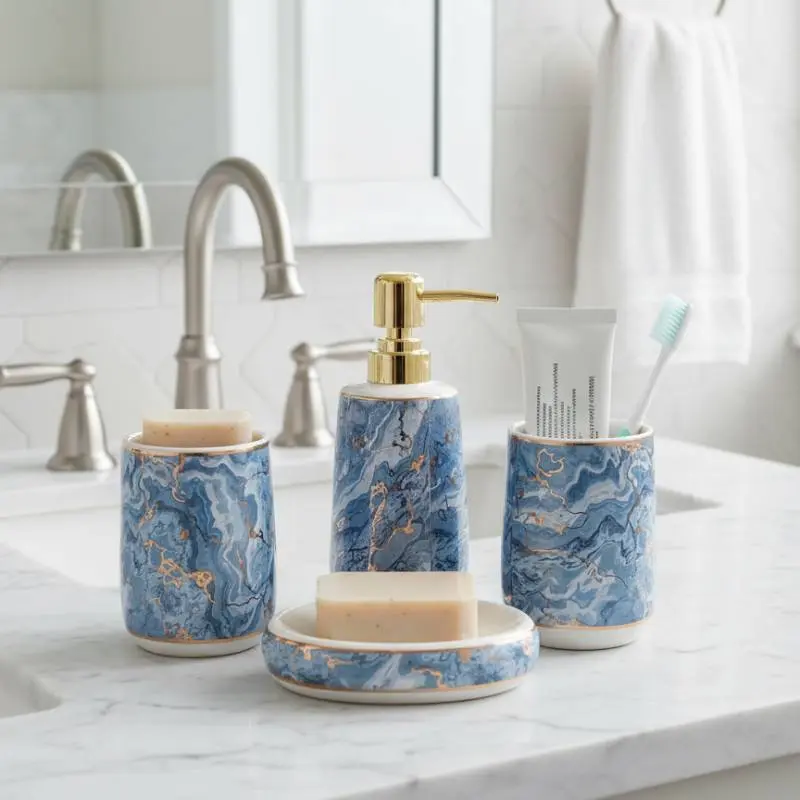 [EN4A-GO-Motif4] Ensemble de 4 accessoires de salle de bain en céramique GOLDEN HOUSE-Motif4