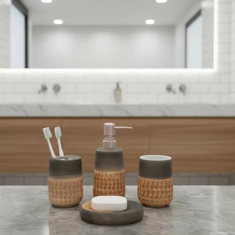 [EN4A-GO-Motif1] Ensemble de 4 accessoires de salle de bain en céramique GOLDEN HOUSE-Motif1