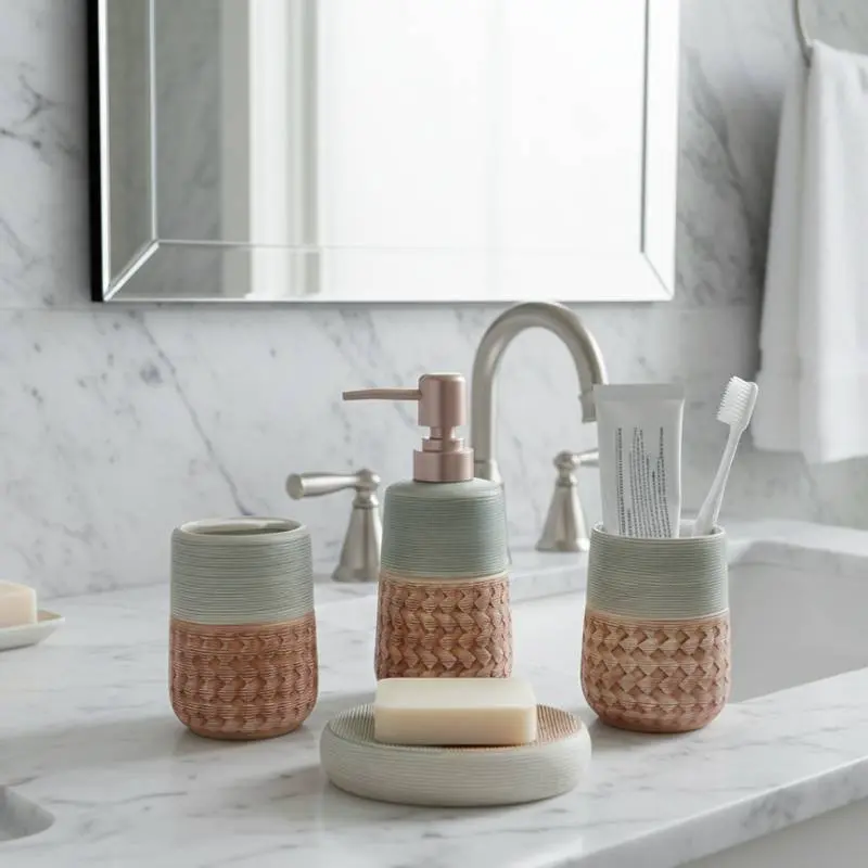 [EN4A-GO-Motif2] Ensemble de 4 accessoires de salle de bain en céramique GOLDEN HOUSE-Motif2