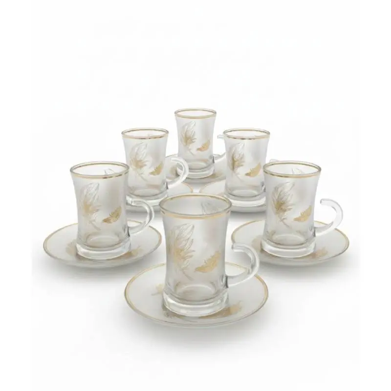 [LOT6VT-GO-Plumes] Coffret De 6 Verres à Thé Avec Sous-Tasses - Motif Plumes Dorées