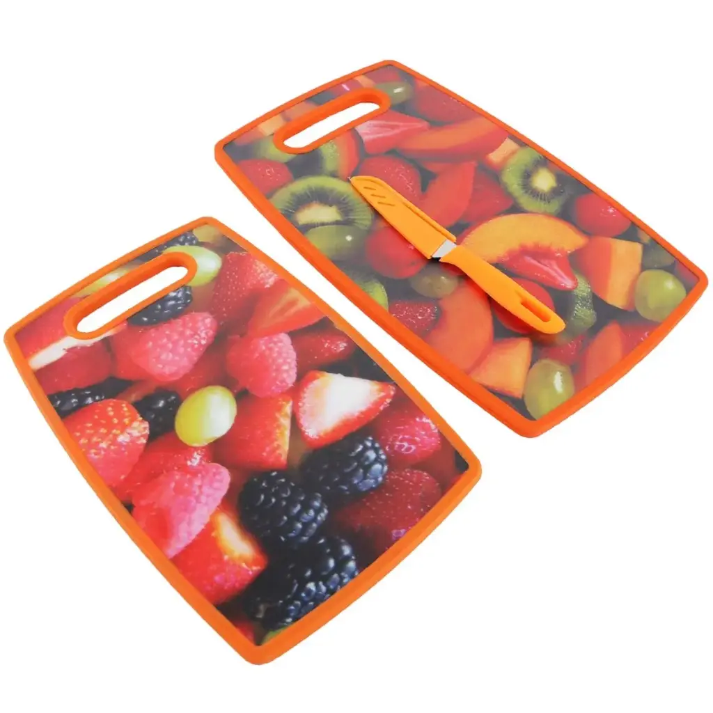 [PPC4593-4GO-Motif 2] Lot de 2 Planches à Découper en PVC avec Couteau - 3 pièces -Motif 2