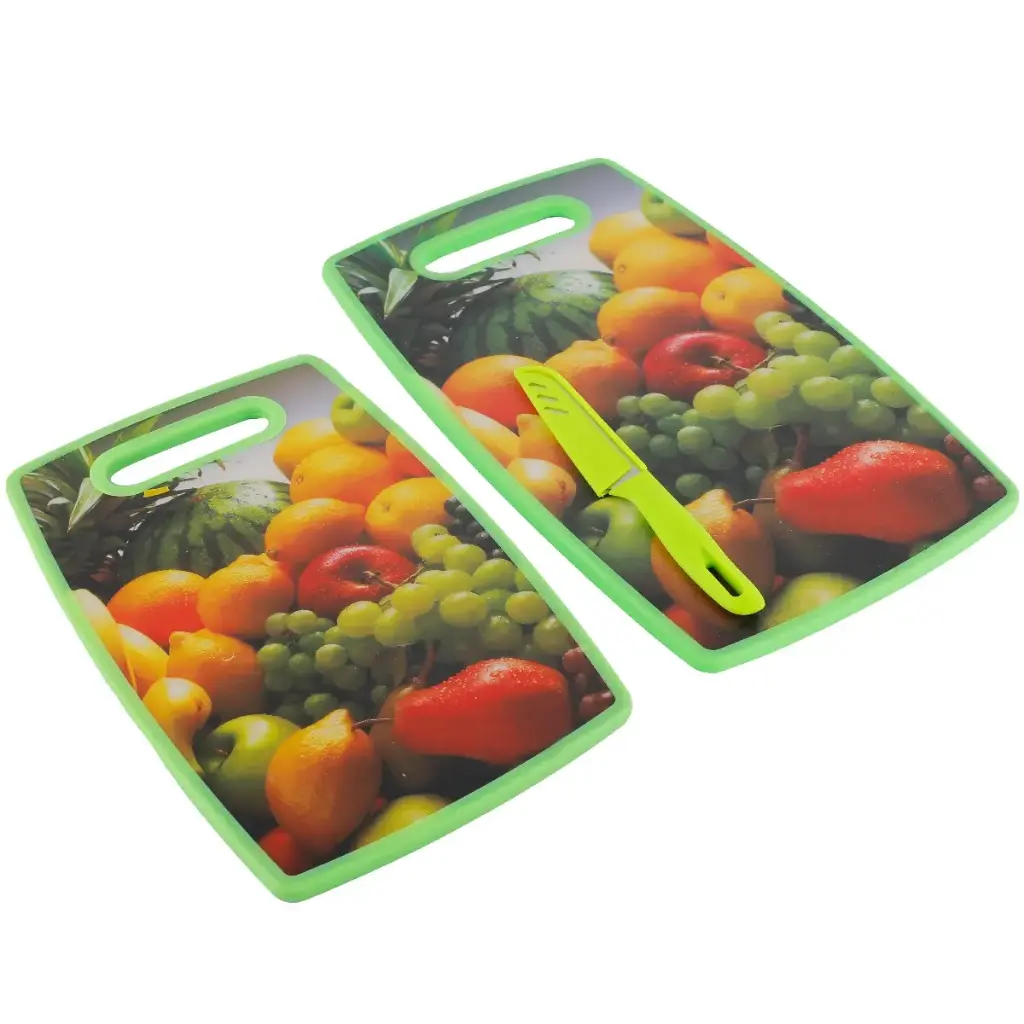 [PPC4593-4GO-Motif 7] Lot de 2 Planches à Découper en PVC avec Couteau - 3 pièces -Motif 7