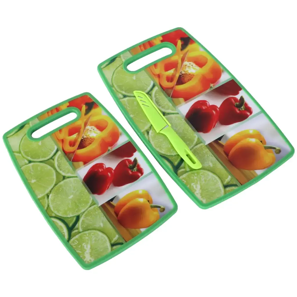 [PPC4593-4GO-Motif 8] Lot de 2 Planches à Découper en PVC avec Couteau - 3 pièces -Motif 8