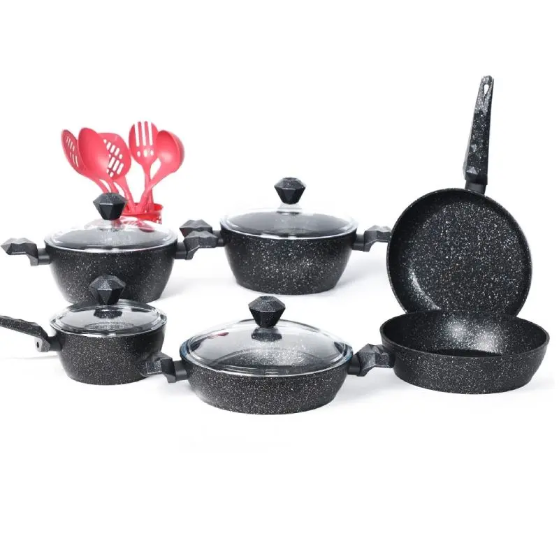 [SIZ16GO-Noir] Ensemble De Batteries De Cuisine Granite 16 Pièces-SIZAR-Noir