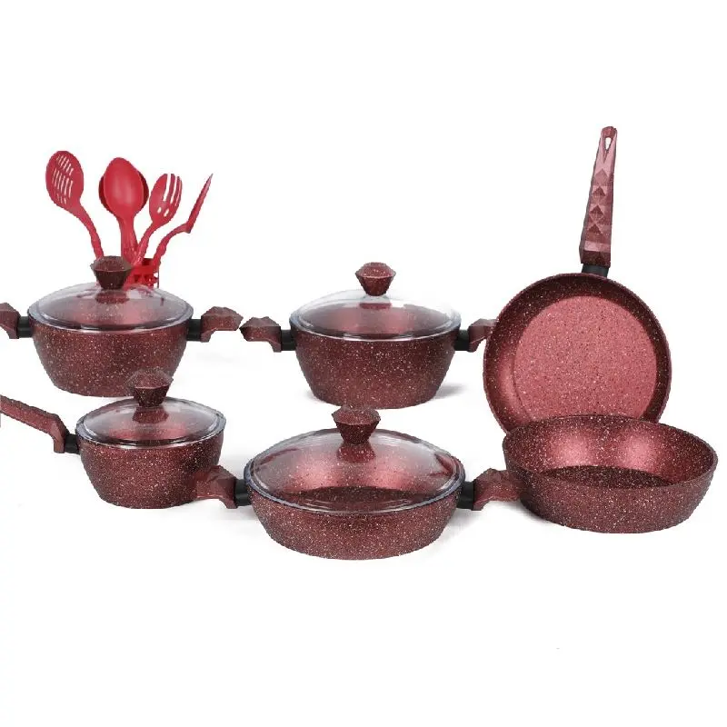 [SIZ16GO-Rouge] Ensemble De Batteries De Cuisine Granite 16 Pièces-SIZAR--Rouge