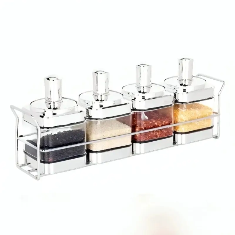 [EBAV-4GO-Argenté] Ensemble de 4 bocaux alimentaires Argenté en verre avec une cuillère