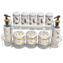 Ensemble de 8 pots épices + 2 Huilières en verre motif plume avec support métallique-Blanc