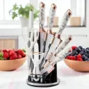 Ensemble de 8 Ustensiles de Cuisine KUNSION en Acier Inoxydable avec Un Support Rotatif - Blanc & Or Rose